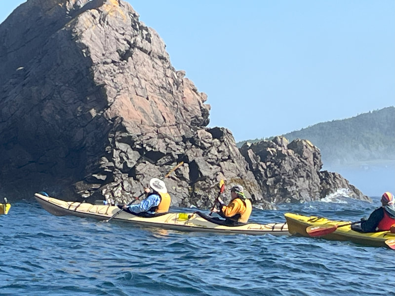 Kayakers near a  sea stack in Trinity Bay